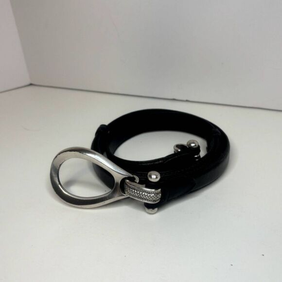 Apostrophe Black Leather Hook and Eye Boho Womens Belt Silver Stylish Designer - Picture 2 of 9